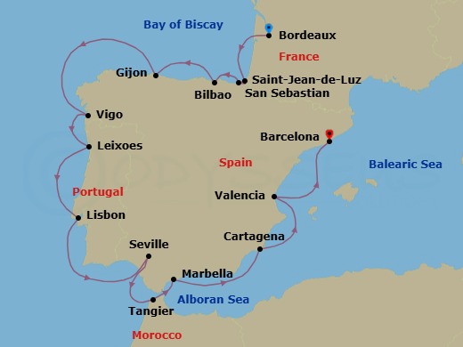 16 Night - Star Collector : Iberian Charms & Splendors - Star Explorer - Starting in Bordeaux, Cruising Garonne River, Saint-jean-de-luz, Biarritz, Pasaia / Pasajes, Getxo, Bilbao, Gijon, Spain, Vigo, Leixoes, Porto, Lisbon, Cruising Guadalquivir River, Seville, Tangier, Marbella / Puerto Banus, Cartagena ES, Valencia, Barcelona itinerary map