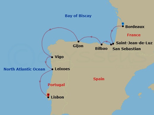 8 Night - Wine Cruise : Connoisseur's Delight : Northern Spain & Portugal - Star Explorer - Starting in Bordeaux, Cruising Garonne River, Saint-jean-de-luz, Biarritz, Pasaia / Pasajes, Getxo, Bilbao, Gijon, Spain, Vigo, Leixoes, Porto, Lisbon itinerary map