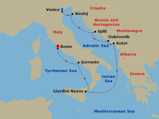 8 Night - Classic Italy & Dalmatian Coast - Star Explorer - Starting in Venice, Rovinj, Split, Dubrovnik, Croatia, Kotor, Giardini Naxos, Taormina, Sorrento, Civitavecchia, Rome itinerary map