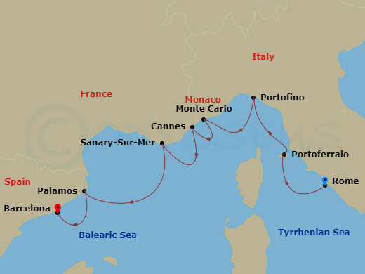 7 Night - Yachtsman's Harbors of the Rivieras - Star Explorer - Starting in Civitavecchia, Rome, Portoferraio, Portofino, Monte Carlo, Cannes, Sanary-sur-mer, Palamos, Barcelona itinerary map