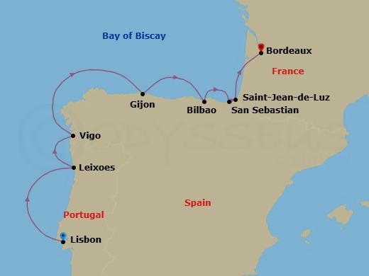 8 Night - Connoisseur's Delight : Northern Spain & Portugal - Star Explorer - Starting in Lisbon, Leixoes, Porto, Vigo, Gijon, Spain, Getxo, Bilbao, Pasaia / Pasajes, Saint-jean-de-luz, Biarritz, Cruising Garonne River, Bordeaux itinerary map