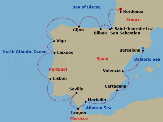 16 Night - Star Collector : Iberian Charms & Splendors - Star Explorer - Starting in Barcelona, Valencia, Cartagena ES, Marbella / Puerto Banus, Tangier, Cruising Guadalquivir River, Seville, Lisbon, Leixoes, Porto, Vigo, Gijon, Spain, Getxo, Bilbao, Pasaia / Pasajes, Saint-jean-de-luz, Biarritz, Cruising Garonne River, Bordeaux itinerary map