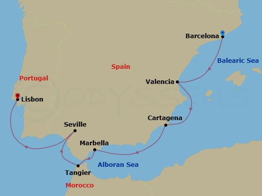 8 Night - Moroccan Markets & Iberian Icons - Star Explorer - Starting in Barcelona, Valencia, Cartagena ES, Marbella / Puerto Banus, Tangier, Cruising Guadalquivir River, Seville, Lisbon itinerary map