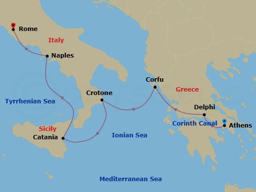 8 Night - Winter in Italy and the Adriatic - Star Explorer - Starting in Piraeus, Athens, Cruising the Corinth Canal, Itea, Delphi, Corfu, Crotone, Catania, Naples, Civitavecchia, Rome itinerary map