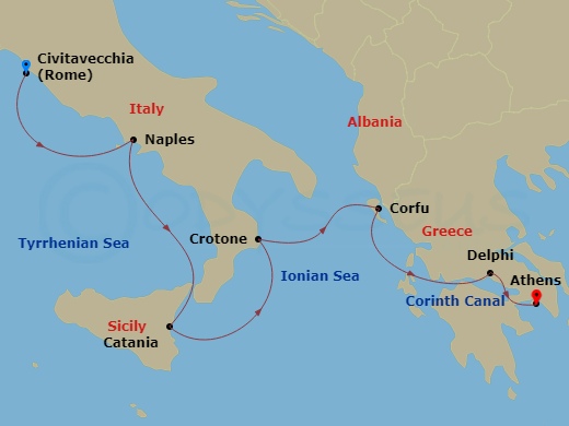 8 Night - Winter in Italy and the Adriatic - Star Explorer - Starting in Civitavecchia, Rome, Naples, Catania, Crotone, Corfu, Itea, Delphi, Cruising the Corinth Canal, Piraeus, Athens itinerary map