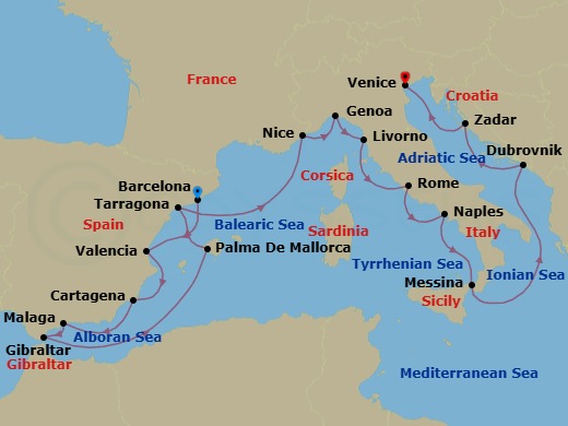 24 Night - Star Collector : Winter Mediterranean Adventure - Star Explorer - Starting in Barcelona, Valencia, Cartagena ES, Malaga, Gibraltar, Palma De Mallorca, Tarragona (Barcelona), Nice, Genoa, Livorno, Civitavecchia, Rome, Naples, Messina, Taormina, Dubrovnik, Croatia, Zadar, Venice itinerary map