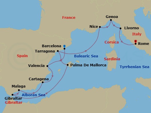 16 Night - Star Collector : Winter in Spain and the Rivieras - Star Explorer - Starting in Barcelona, Valencia, Cartagena ES, Malaga, Gibraltar, Palma De Mallorca, Tarragona (Barcelona), Nice, Genoa, Livorno, Civitavecchia, Rome itinerary map