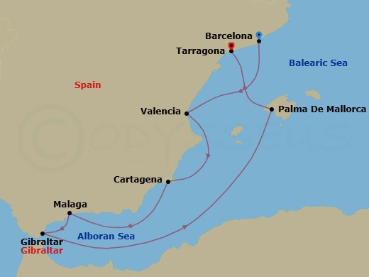 9 Night - Southern Spain Winter Escapes - Star Explorer - Starting in Barcelona, Valencia, Cartagena ES, Malaga, Gibraltar, Palma De Mallorca, Tarragona (Barcelona) itinerary map