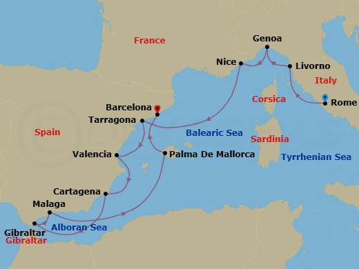 16 Night - Star Collector : Winter in Spain and the Rivieras - Star Explorer - Starting in Civitavecchia, Rome, Livorno, Genoa, Nice, Tarragona (Barcelona), Valencia, Cartagena ES, Gibraltar, Malaga, Palma De Mallorca, Barcelona itinerary map