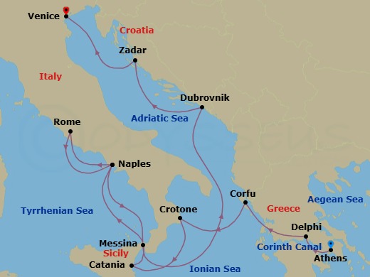 16 Night - Star Collector : a Winter Muse in the Mediterranean - Star Explorer - Starting in Piraeus, Athens, Cruising the Corinth Canal, Itea, Delphi, Corfu, Crotone, Catania, Naples, Civitavecchia, Rome, Naples, Messina, Taormina, Dubrovnik, Croatia, Zadar, Venice itinerary map