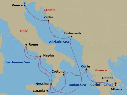 16 Night - Star Collector : a Winter Muse in the Mediterranean - Star Explorer - Starting in Venice, Zadar, Dubrovnik, Croatia, Messina, Taormina, Naples, Civitavecchia, Rome, Naples, Catania, Crotone, Corfu, Itea, Delphi, Cruising the Corinth Canal, Piraeus, Athens itinerary map