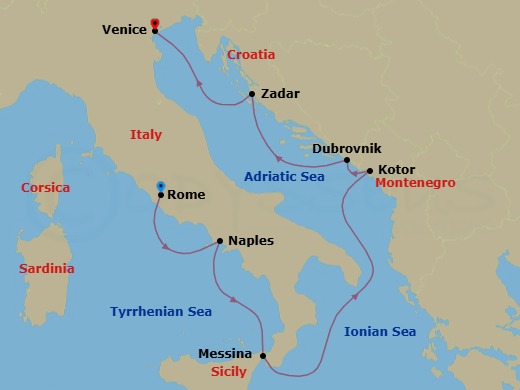 9 Night - Winter Italy and the Dalmatian Coast - Star Explorer - Starting in Civitavecchia, Rome, Naples, Messina, Taormina, Kotor, Dubrovnik, Croatia, Zadar, Venice itinerary map