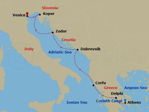 8 Night - Winter in Croatia & Greece - Star Explorer - Starting in Piraeus, Athens, Cruising the Corinth Canal, Itea, Delphi, Corfu, Dubrovnik, Croatia, Zadar, Koper, Venice itinerary map