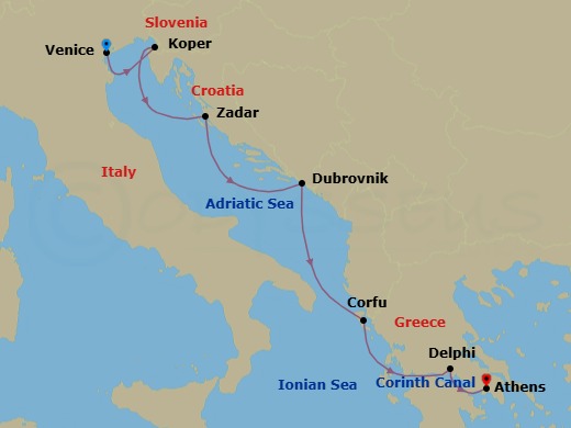 8 Night - Winter in Croatia & Greece - Star Explorer - Starting in Venice, Koper, Zadar, Dubrovnik, Croatia, Corfu, Itea, Delphi, Cruising the Corinth Canal, Piraeus, Athens itinerary map