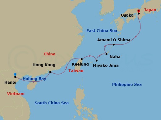 10 Night - East Asian Legends - Star Seeker - Starting in Halong Bay, Hanoi, Cruising Halong Bay, Hong Kong, Keelung, Taipei, Hirara, Miyakojima, Naha, Okinawa, Naze, Amami Island, Osaka, Kyoto itinerary map