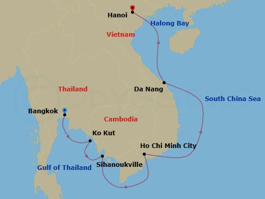 10 Night - Vietnam & Cambodia Revealed - Star Seeker - Starting in Bangkok / Klong Toey, Cruising Chao Phraya River, Ko Kood, Phnom Penh / Sihanoukville, Ho Chi Minh City, Cruising Saigon River, Da Nang, Hoi An, Cruising Halong Bay, Halong Bay, Hanoi itinerary map