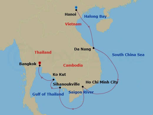 10 Night - Vietnam & Cambodia Revealed - Star Seeker - Starting in Halong Bay, Hanoi, Cruising Halong Bay, Da Nang, Hoi An, Cruising Saigon River, Ho Chi Minh City, Phnom Penh / Sihanoukville, Ko Kood, Cruising Chao Phraya River, Bangkok / Klong Toey itinerary map
