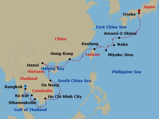20 Night - Star Collector : Okinawa Days & Mekong Ways - Star Seeker - Starting in Bangkok / Klong Toey, Cruising Chao Phraya River, Ko Kood, Phnom Penh / Sihanoukville, Ho Chi Minh City, Cruising Saigon River, Da Nang, Hoi An, Cruising Halong Bay, Halong Bay, Hanoi, Cruising Halong Bay, Hong Kong, Keelung, Taipei, Hirara, Miyakojima, Naha, Okinawa, Naze, Amami Island, Osaka, Kyoto itinerary map