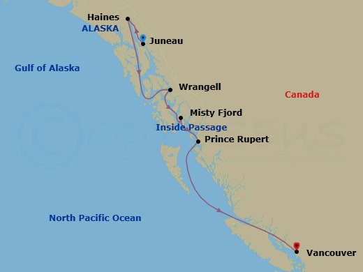 7 Night - Scenic Alaska - Star Seeker - Starting in Juneau, Ak, Haines, AK, Cruising Tracy Arm, Wrangell, AK, Misty Fjords / Rudyard Bay, Prince Rupert, Bc, Vancouver, Bc itinerary map