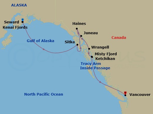 11 Night - Alaskan Splendors - Star Seeker - Starting in Seward, Anchorage, Alaska, Kenai Fjords National Park, Ak, Sitka, Ak, Juneau, Ak, Haines, AK, Cruising Tracy Arm, Wrangell, AK, Ketchikan, AK, Misty Fjords / Rudyard Bay, Vancouver, Bc itinerary map