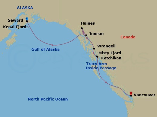 10 Night - Alaskan Splendors - Star Seeker - Starting in Seward, Anchorage, Alaska, Kenai Fjords National Park, Ak, Juneau, Ak, Haines, AK, Cruising Tracy Arm, Wrangell, AK, Misty Fjords / Rudyard Bay, Ketchikan, AK, Vancouver, Bc itinerary map