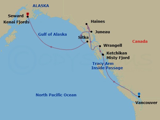 11 Night - Alaskan Splendors - Star Seeker - Starting in Vancouver, Bc, Ketchikan, AK, Misty Fjords / Rudyard Bay, Wrangell, AK, Cruising Tracy Arm, Haines, AK, Juneau, Ak, Sitka, Ak, Kenai Fjords National Park, Ak, Seward, Anchorage, Alaska itinerary map