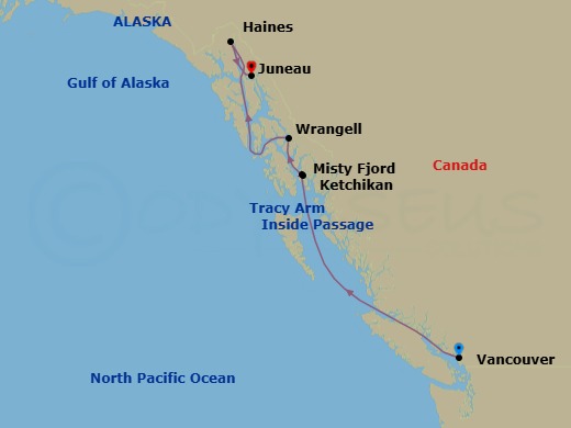 7 Night - Scenic Alaska - Star Seeker - Starting in Vancouver, Bc, Ketchikan, AK, Misty Fjords / Rudyard Bay, Wrangell, AK, Cruising Tracy Arm, Haines, AK, Juneau, Ak itinerary map