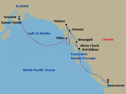 11 Night - Wine Cruise : Alaskan Splendors - Star Seeker - Starting in Seward, Anchorage, Alaska, Kenai Fjords National Park, Ak, Sitka, Ak, Juneau, Ak, Haines, AK, Cruising Tracy Arm, Wrangell, AK, Misty Fjords / Rudyard Bay, Ketchikan, AK, Vancouver, Bc itinerary map