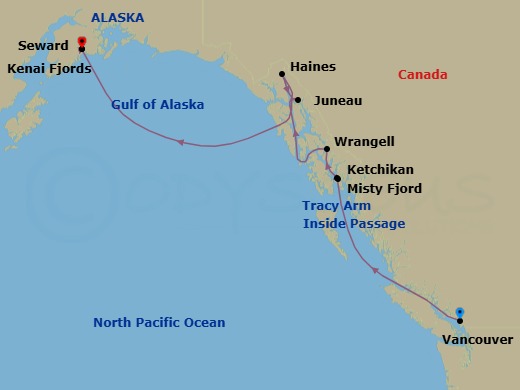 10 Night - Alaskan Splendors - Star Seeker - Starting in Vancouver, Bc, Ketchikan, AK, Misty Fjords / Rudyard Bay, Wrangell, AK, Cruising Tracy Arm, Haines, AK, Juneau, Ak, Kenai Fjords National Park, Ak, Seward, Anchorage, Alaska itinerary map
