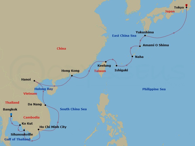 21 Night - Star Collector : Okinawa Days & Mekong Ways - Star Seeker - Starting in Bangkok / Klong Toey, Cruising Chao Phraya River, Ko Kood, Phnom Penh / Sihanoukville, Ho Chi Minh City, Cruising Saigon River, Da Nang, Hoi An, Cruising Halong Bay, Halong Bay, Hanoi, Cruising Halong Bay, Hong Kong, Keelung, Taipei, Ishigaki, Naha, Okinawa, Naze, Amami Island, Yakushima, Tokyo itinerary map