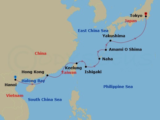 11 Night - Southeast Asia from Ha Long Bay to Tokyo - Star Seeker - Starting in Halong Bay, Hanoi, Cruising Halong Bay, Hong Kong, Keelung, Taipei, Ishigaki, Naha, Okinawa, Naze, Amami Island, Yakushima, Tokyo itinerary map