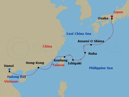 10 Night - East Asian Legends - Star Seeker - Starting in Halong Bay, Hanoi, Cruising Halong Bay, Hong Kong, Keelung, Taipei, Ishigaki, Naha, Okinawa, Naze, Amami Island, Osaka, Kyoto itinerary map