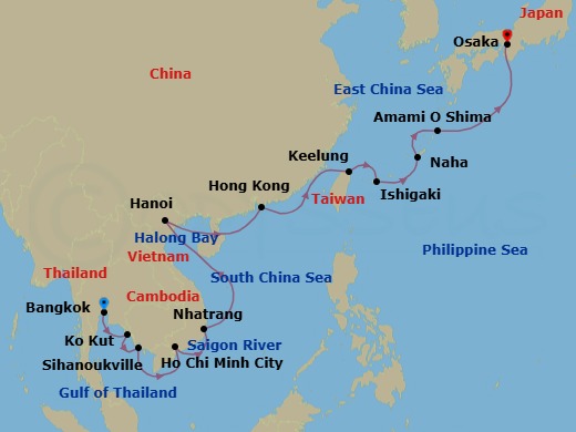 20 Night - Star Collector : Okinawa Days & Mekong Ways - Star Seeker - Starting in Bangkok / Klong Toey, Cruising Chao Phraya River, Ko Kood, Phnom Penh / Sihanoukville, Ho Chi Minh City, Cruising Saigon River, Nha Trang, Cruising Halong Bay, Halong Bay, Hanoi, Cruising Halong Bay, Hong Kong, Keelung, Taipei, Ishigaki, Naha, Okinawa, Naze, Amami Island, Osaka, Kyoto itinerary map