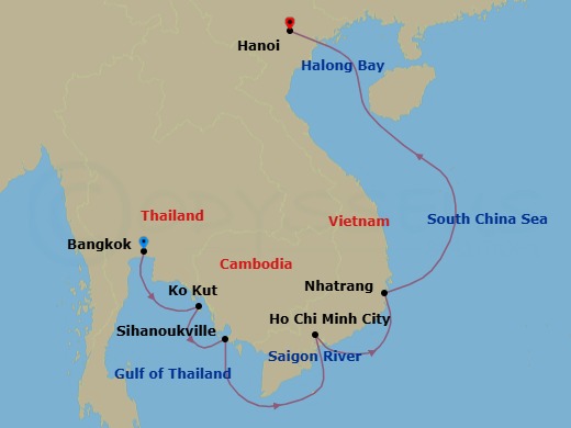 10 Night - Vietnam & Cambodia Revealed - Star Seeker - Starting in Bangkok / Klong Toey, Cruising Chao Phraya River, Ko Kood, Phnom Penh / Sihanoukville, Ho Chi Minh City, Cruising Saigon River, Nha Trang, Cruising Halong Bay, Halong Bay, Hanoi itinerary map