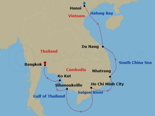 10 Night - Vietnam & Cambodia Revealed - Star Seeker - Starting in Halong Bay, Hanoi, Cruising Halong Bay, Da Nang, Hoi An, Nha Trang, Cruising Saigon River, Ho Chi Minh City, Phnom Penh / Sihanoukville, Ko Kood, Cruising Chao Phraya River, Bangkok / Klong Toey itinerary map