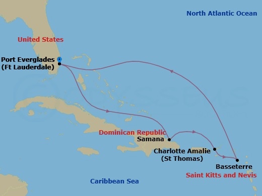 7 Night - St Thomas & Caribbean Cruise - Celebrity Xcel - Starting in Fort Lauderdale, Florida, Samana, Dominican Republic, Charlotte Amalie, St Thomas, Basseterre, St Kitts and Nevis, Fort Lauderdale, Florida itinerary map