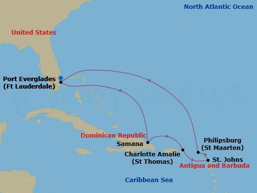 8 Night - Antigua, St Maarten, St Thomas, Samana - Celebrity Xcel - Starting in Fort Lauderdale, Florida, Samana, Dominican Republic, Charlotte Amalie, St Thomas, St Johns AG, Antigua, Philipsburg, St Maarten, Fort Lauderdale, Florida itinerary map