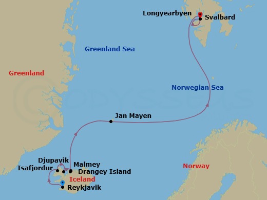 11 Night - Reykjavik to Longyearbyen - World Voyager - Starting in Reykjavik, Dynjandi, Iceland / Captains Choice, Djupavik, Iceland / Captains Choice, Malmey Island, Iceland / Captains Choice, Drangey Island, Iceland / Captains Choice, Crossing the Arctic Circle / Captains Choice, Jan Mayen Island / Captains Choice, Greenland Sea Scenic Navigation, Exploring Svalbard / Captains Choice, Longyearbyen, Svalbard itinerary map