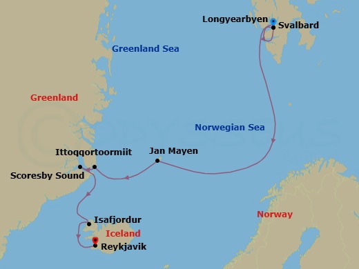9 Night - Longyearbyen to Reykjavik - World Voyager - Starting in Longyearbyen, Svalbard, Exploring Svalbard / Captains Choice, Greenland Sea Scenic Navigation, Jan Mayen Island / Captains Choice, Ittoqqortoormiit, Greenland / Captains Choice, Scoresby Sound, Greenland / Captains Choice, Crossing the Arctic Circle / Captains Choice, Dynjandi, Iceland / Captains Choice, Reykjavik itinerary map