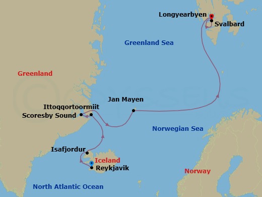 9 Night - Reykjavik to Longyearbyen - World Voyager - Starting in Reykjavik, Dynjandi, Iceland / Captains Choice, Crossing the Arctic Circle / Captains Choice, Ittoqqortoormiit / Captains Choice, Scoresby Sound, Greenland / Captains Choice, Jan Mayen Island / Captains Choice, Greenland Sea Scenic Navigation, Exploring Svalbard / Captains Choice, Longyearbyen, Svalbard itinerary map