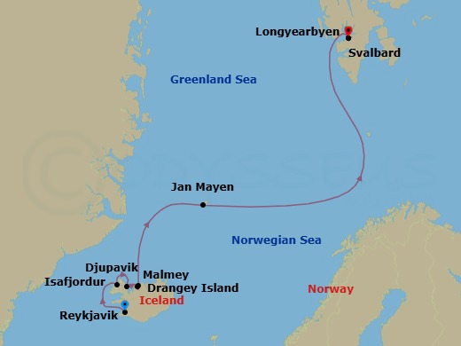 11 Night - Reykjavik to Longyearbyen - World Voyager - Starting in Reykjavik, Dynjandi, Iceland / Captains Choice, Djupavik, Iceland / Captains Choice, Drangey Island, Iceland / Captains Choice, Malmey Island, Iceland / Captains Choice, Crossing the Arctic Circle / Captains Choice, Jan Mayen Island / Captains Choice, Greenland Sea Scenic Navigation, Exploring Svalbard / Captains Choice, Longyearbyen, Svalbard itinerary map