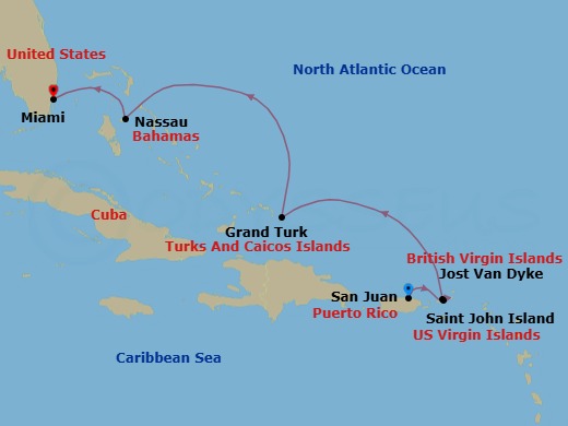 7 Night - San Juan / Miami, Florida - Ilma - Starting in San Juan, St John VI, Jost Van Dyke, Grand Turk, Nassau, Miami, Florida itinerary map