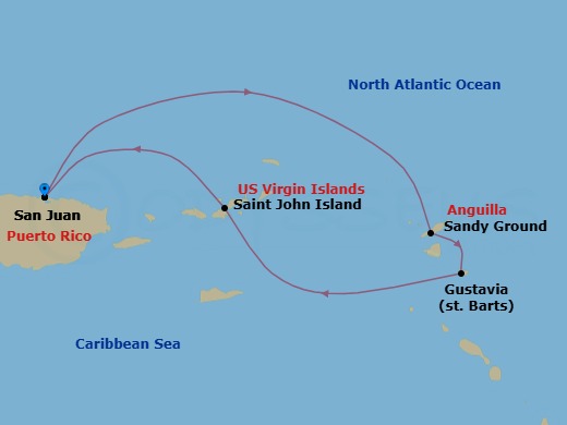 4 Night - San Juan / San Juan - Ilma - Starting in San Juan, Sandy Ground, Gustavia, St John VI, San Juan itinerary map