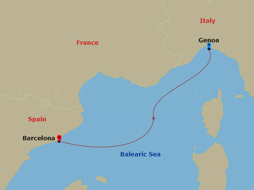 2 Night - Mediterranean - MSC Euribia - Starting in Genoa (Portofino), Italy, Barcelona, Spain itinerary map