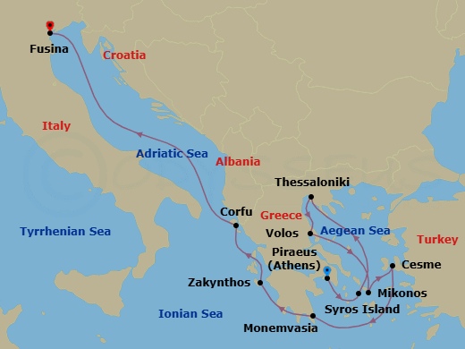 10 Night - Greece Intensive Cruise : Thessaloniki, Mykonos & Corfu - Azamara Onward - Starting in Athens (Piraeus), Syros, Thessaloniki, Volos, Mykonos, Cesme, Monemvasia, Zakynthos, Corfu, Venice (Fusina) itinerary map