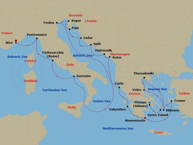 21 Night - Greece & Croatia Combination Cruise : Syros, Mykonos & Kotor - Azamara Onward - Starting in Athens (Piraeus), Syros, Thessaloniki, Volos, Mykonos, Cesme, Monemvasia, Zakynthos, Corfu, Venice (Fusina), Koper, Pula, Zadar, Split, Dubrovnik, Croatia, Kotor, Sorrento, Rome (Civitavecchia), Porto Venere, Nice itinerary map