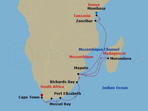 14 Night - Swahili Coast : Tanzania, Mozambique & South Africa - Atlas Adventurer - Starting in Mombasa, Zanzibar, Indian Ocean Scenic Navigation, Mozambique Island, Indian Ocean Scenic Navigation, Morondava, Indian Ocean Scenic Navigation, Maputo, Richards Bay, Indian Ocean Scenic Navigation, Gqeberha (Port Elizabeth ZA), South Africa, Mossel Bay, Cape Town itinerary map