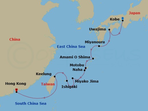 10 Night - Dynasties & Rising Suns : Japan & China - Atlas Adventurer - Starting in Kobe (Osaka), Uwajima, Miyanoura, Yakushima Island, Amami Oshima, Motobu (Okinawa), Naha (Okinawa), Miyakojima, Ishigaki Island, Keelung (Taipei), East China Sea Scenic Navigation, Hong Kong itinerary map