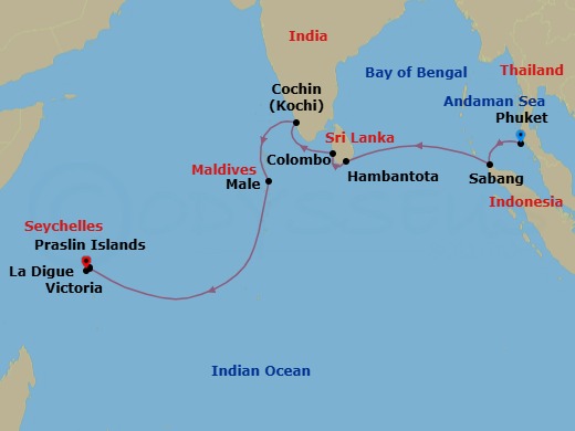 15 Night - Isles of Spice & Sapphire Seas : Thailand, Sri Lanka, Maldives & Seychelles - Atlas Adventurer - Starting in Phuket, Sabang (Pulau Weh), Indian Ocean Scenic Navigation, Hambantota, Colombo, Kochi, Indian Ocean Scenic Cruising, Male, Indian Ocean Scenic Navigation, Praslin, La Digue, Victoria SC (Mahe) itinerary map