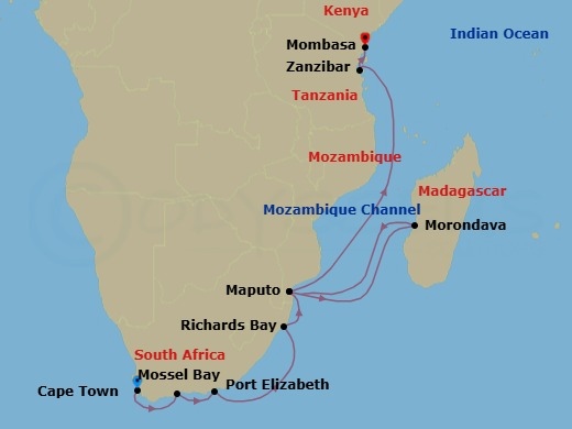 14 Night - Cape Currents & Safari Shores : Tanzania, Mozambique & South Africa - Atlas Adventurer - Starting in Cape Town, Mossel Bay, Gqeberha (Port Elizabeth ZA), South Africa, Indian Ocean Scenic Navigation, Richards Bay, Maputo, Indian Ocean Scenic Navigation, Morondava, Indian Ocean Scenic Navigation, Mozambique Island, Indian Ocean Scenic Navigation, Zanzibar, Mombasa itinerary map